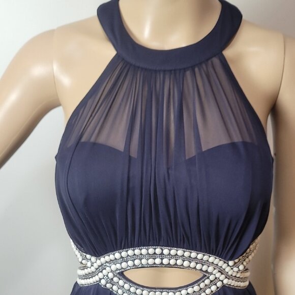Speechless Blue Ruched Halter Mini Dress With Embellished Waist Fit & Flare Poly - Picture 8 of 14